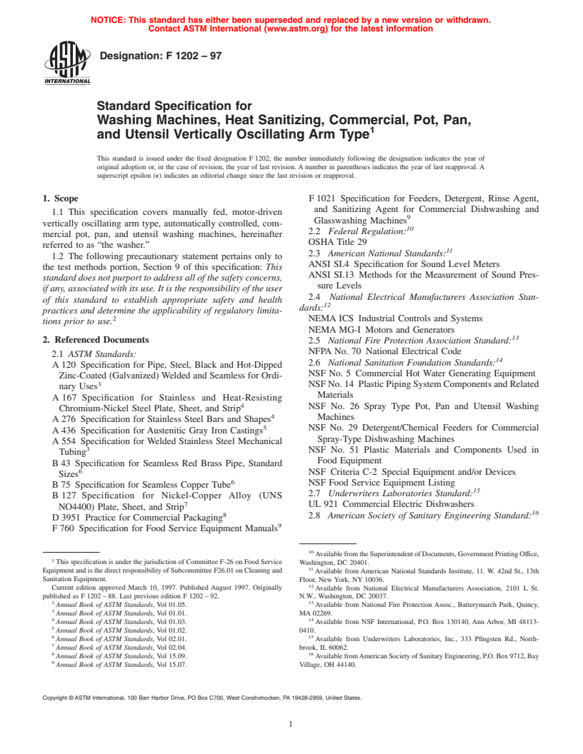 ASTM F1202-97 - Standard Specification for Washing Machines, Heat Sanitizing, Commercial, Pot, Pan, and Utensil Vertically Oscillating Arm Type