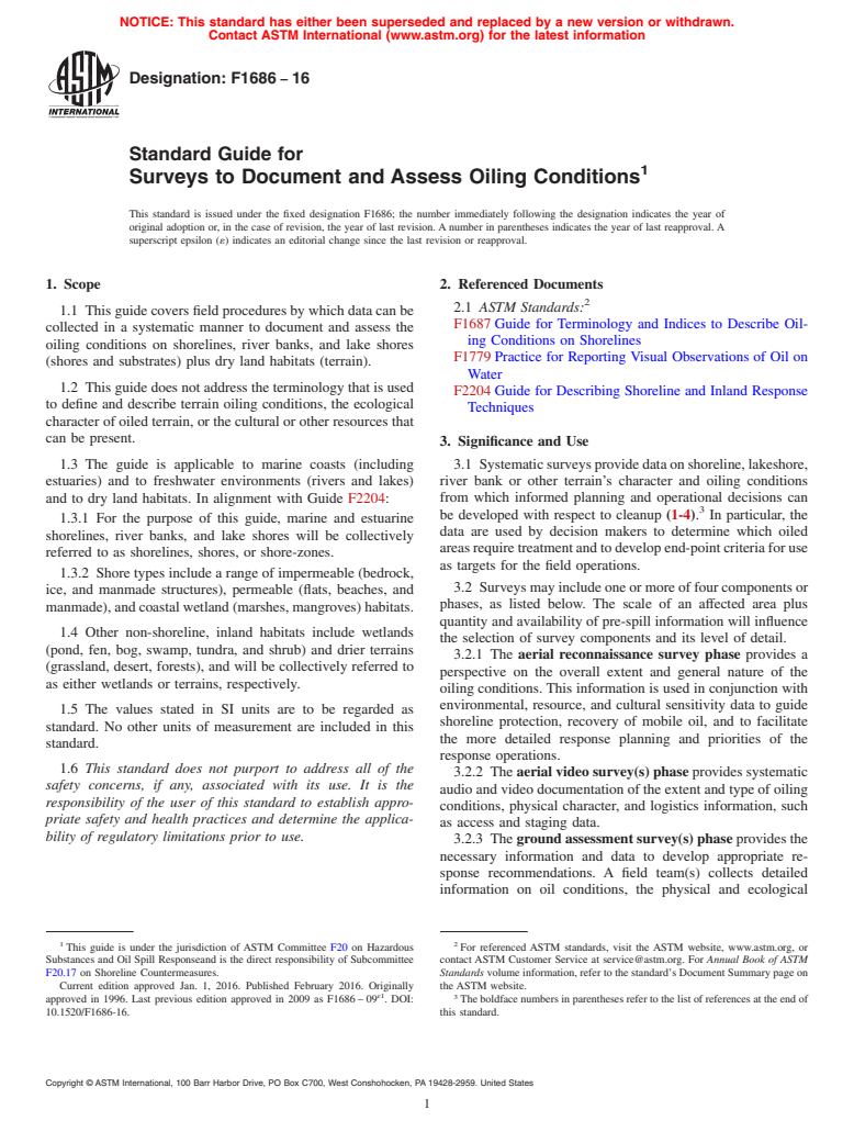 ASTM F1686-16 - Standard Guide for  Surveys to Document and Assess Oiling Conditions