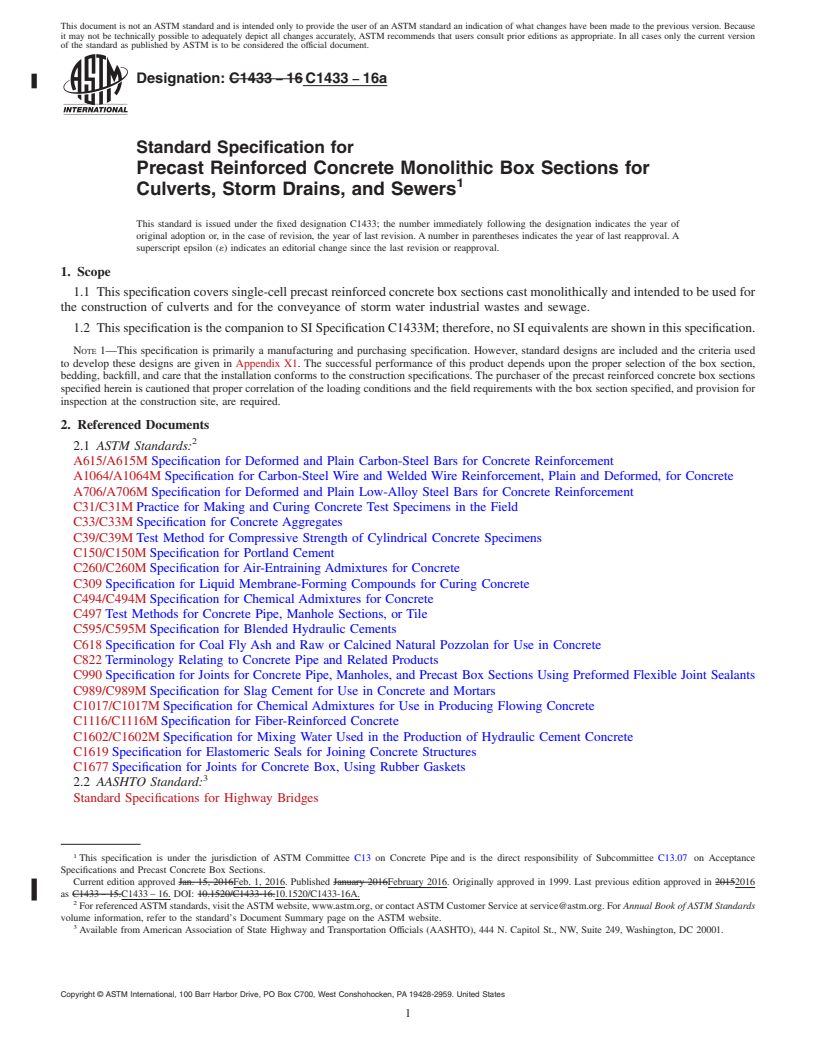 REDLINE ASTM C1433-16a - Standard Specification for  Precast Reinforced Concrete Monolithic Box Sections for Culverts,  Storm Drains, and Sewers