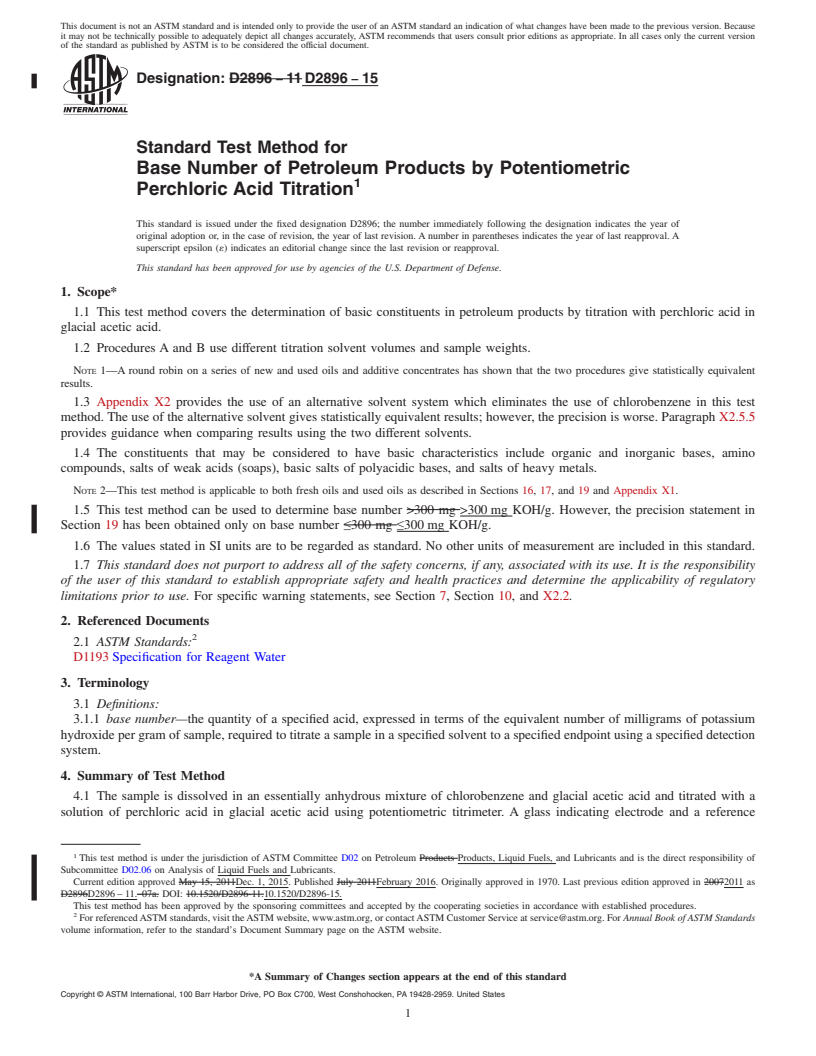 REDLINE ASTM D2896-15 - Standard Test Method for  Base Number of Petroleum Products by Potentiometric Perchloric   Acid  Titration