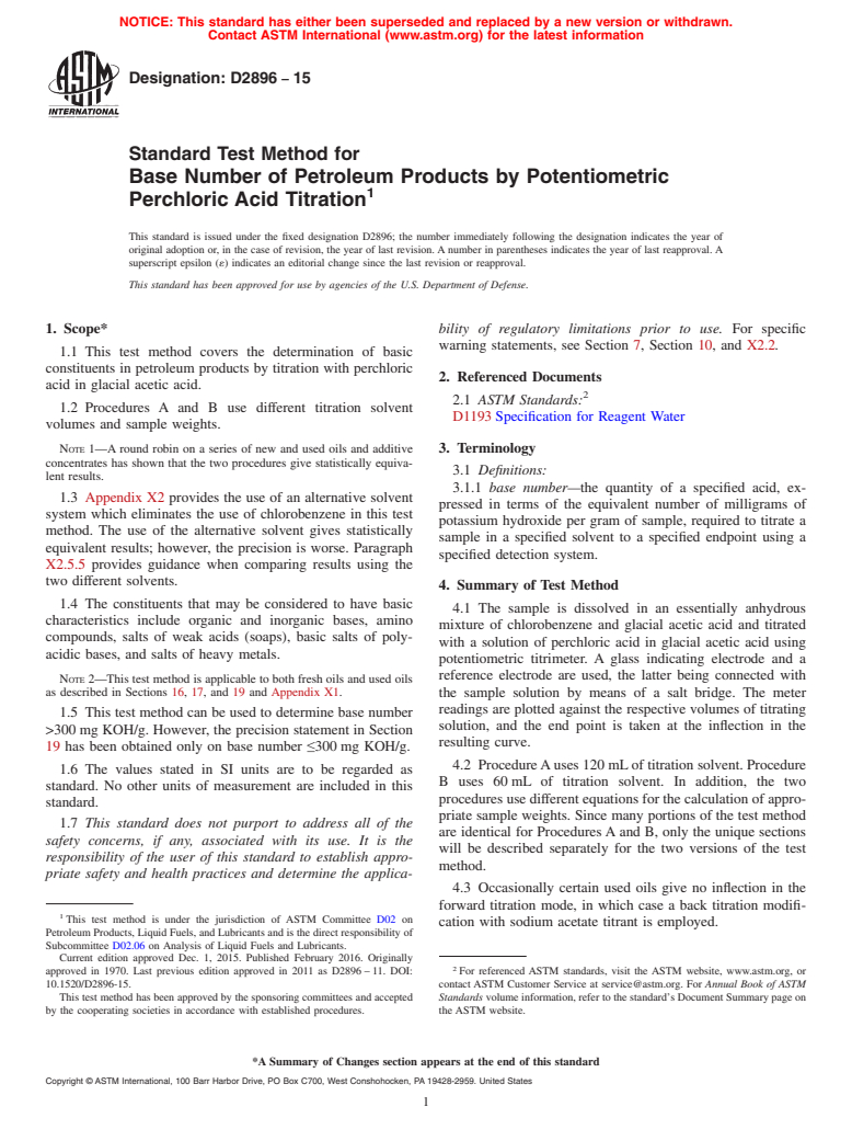 ASTM D2896-15 - Standard Test Method for  Base Number of Petroleum Products by Potentiometric Perchloric   Acid  Titration