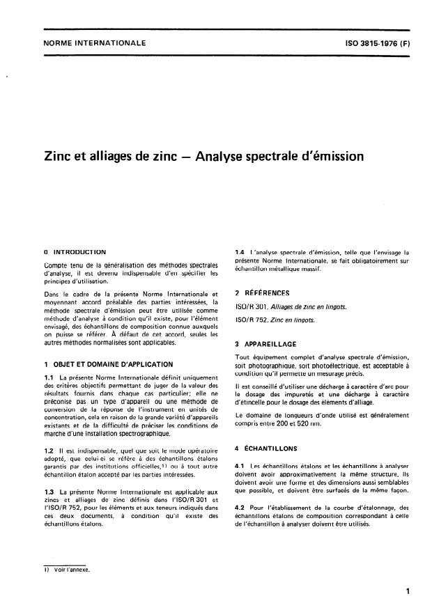 ISO 3815:1976 - Zinc et alliages de zinc -- Analyse spectrale d'émission