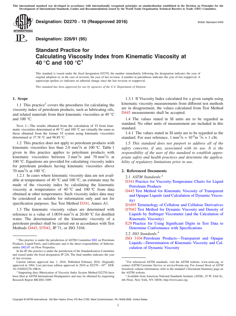 ASTM D2270-10(2016) - Standard Practice for  Calculating Viscosity Index from Kinematic Viscosity at 40&#x2009;&#xb0;C  and 100&#x2009;&#xb0;C