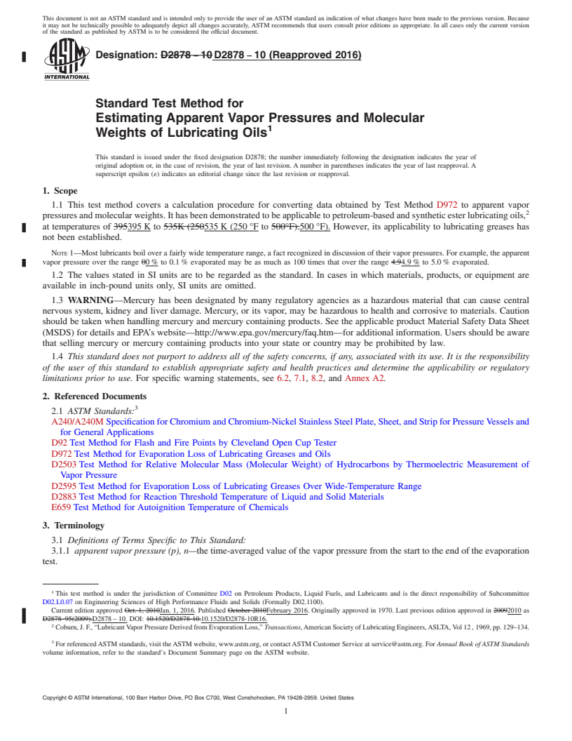 REDLINE ASTM D2878-10(2016) - Standard Test Method for  Estimating Apparent Vapor Pressures and Molecular Weights of   Lubricating Oils