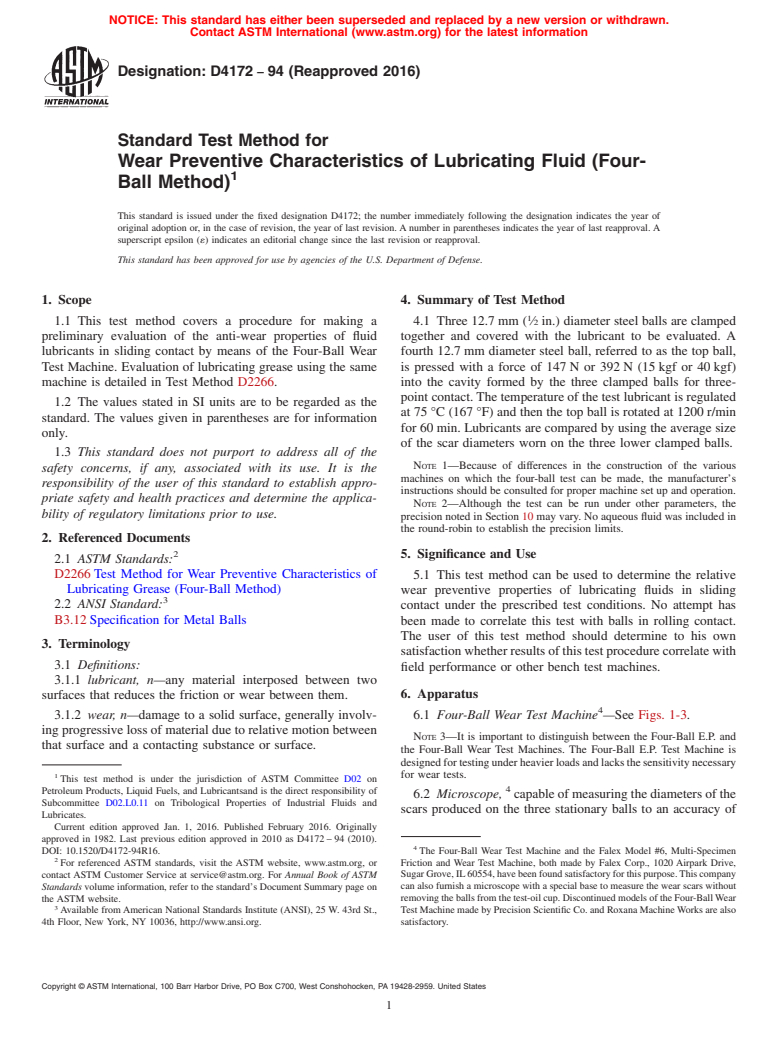 ASTM D4172-94(2016) - Standard Test Method for  Wear Preventive Characteristics of Lubricating Fluid (Four-Ball   Method)