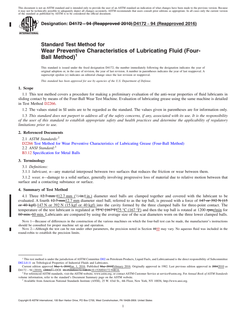 REDLINE ASTM D4172-94(2016) - Standard Test Method for  Wear Preventive Characteristics of Lubricating Fluid (Four-Ball   Method)