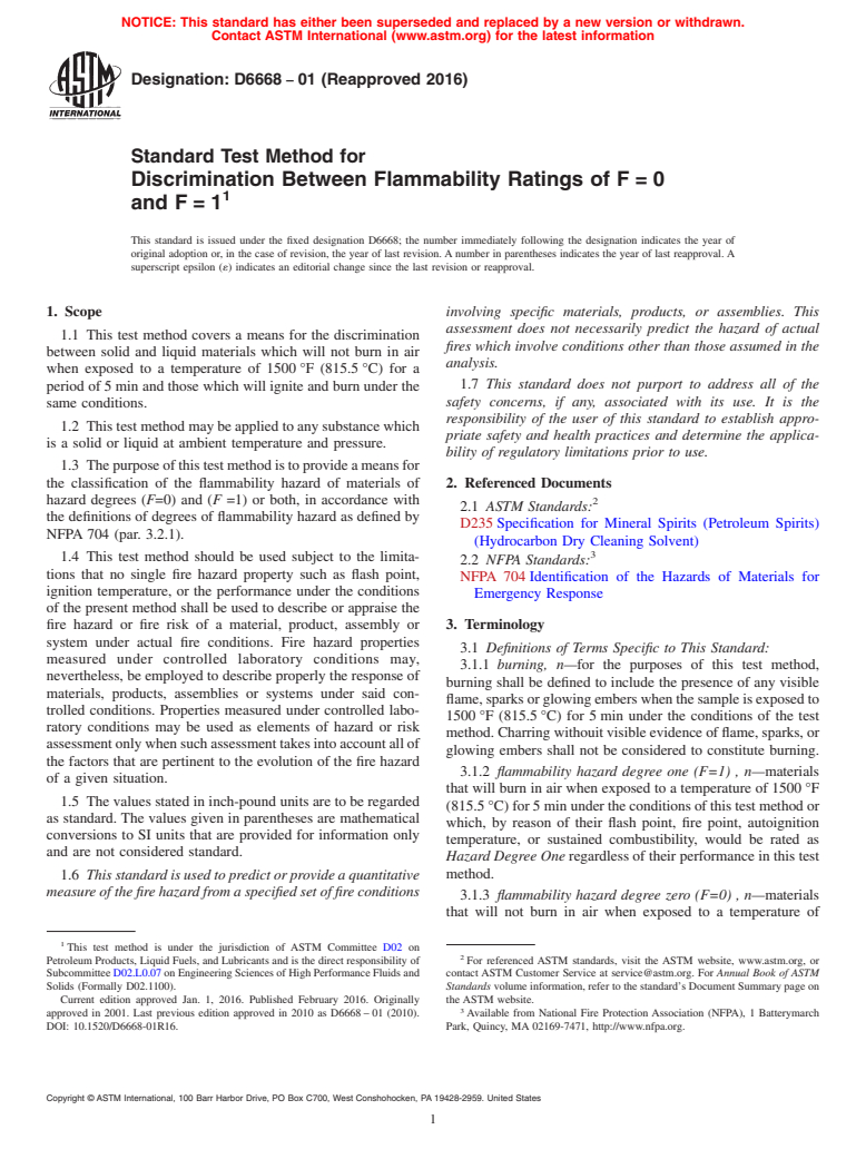 ASTM D6668-01(2016) - Standard Test Method for  Discrimination Between Flammability Ratings of F&#x2009;=&#x2009;0 <brk  />and  F&#x2009;=&#x2009;1