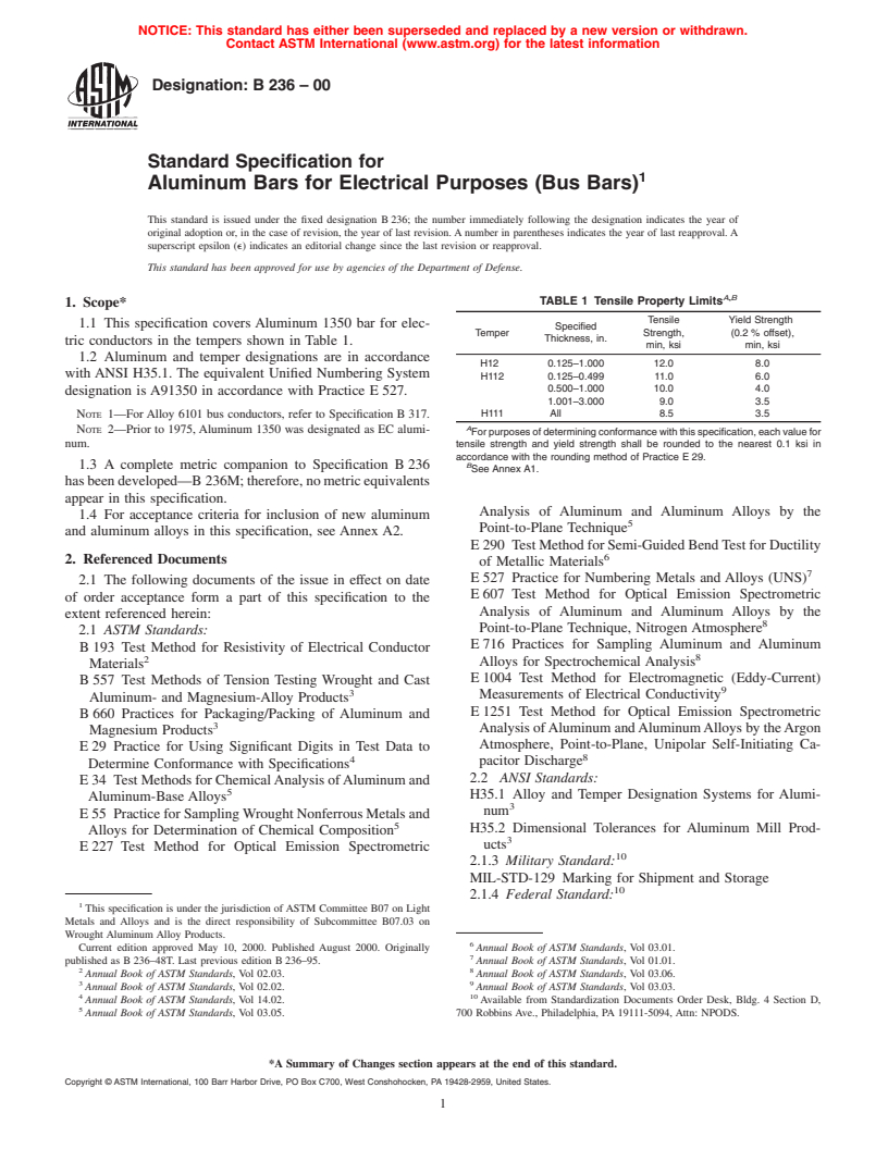 ASTM B236-00 - Standard Specification for Aluminum Bars for Electrical Purposes (Bus Bars)