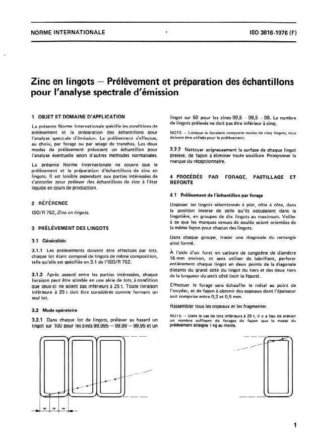 ISO 3816:1976 - Zinc en lingots -- Prélevement et préparation des échantillons pour l'analyse spectrale d'émission