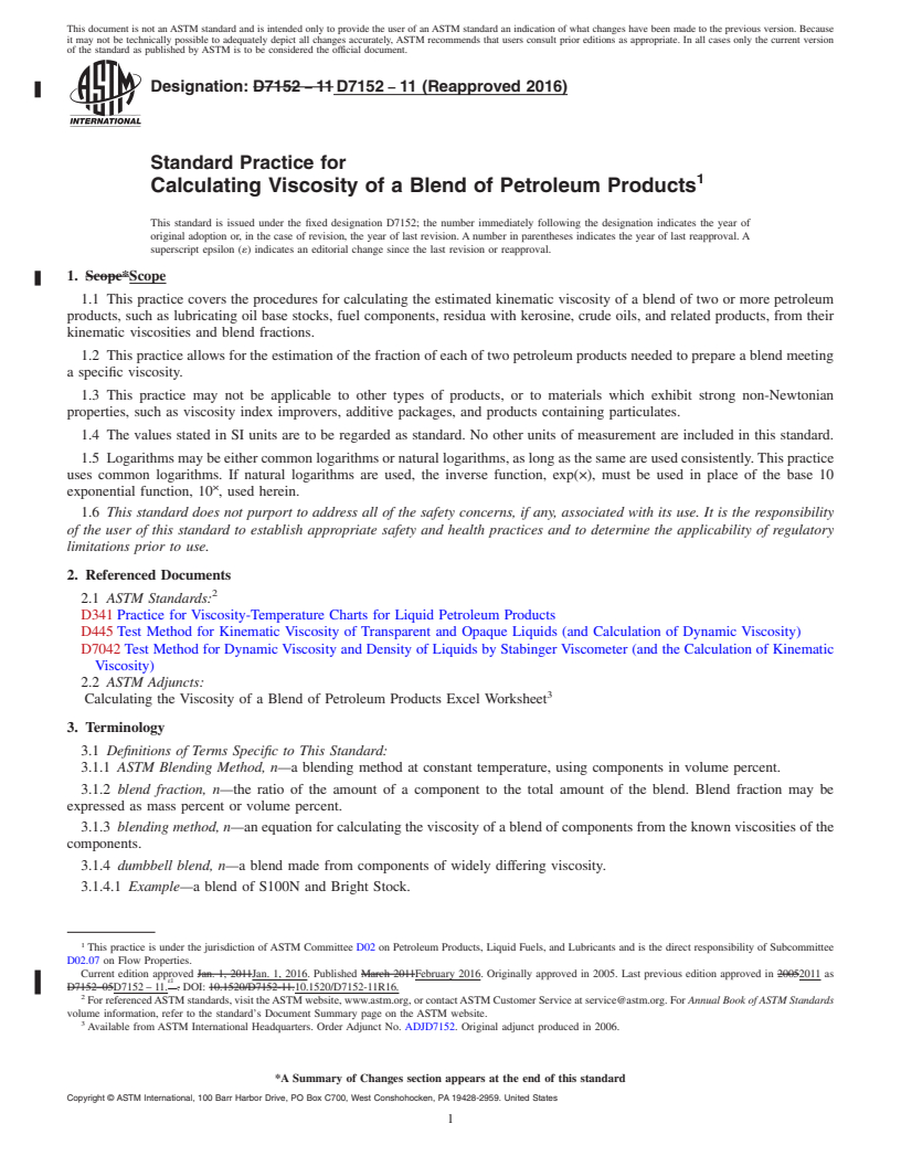 REDLINE ASTM D7152-11(2016) - Standard Practice for  Calculating Viscosity of a Blend of Petroleum Products