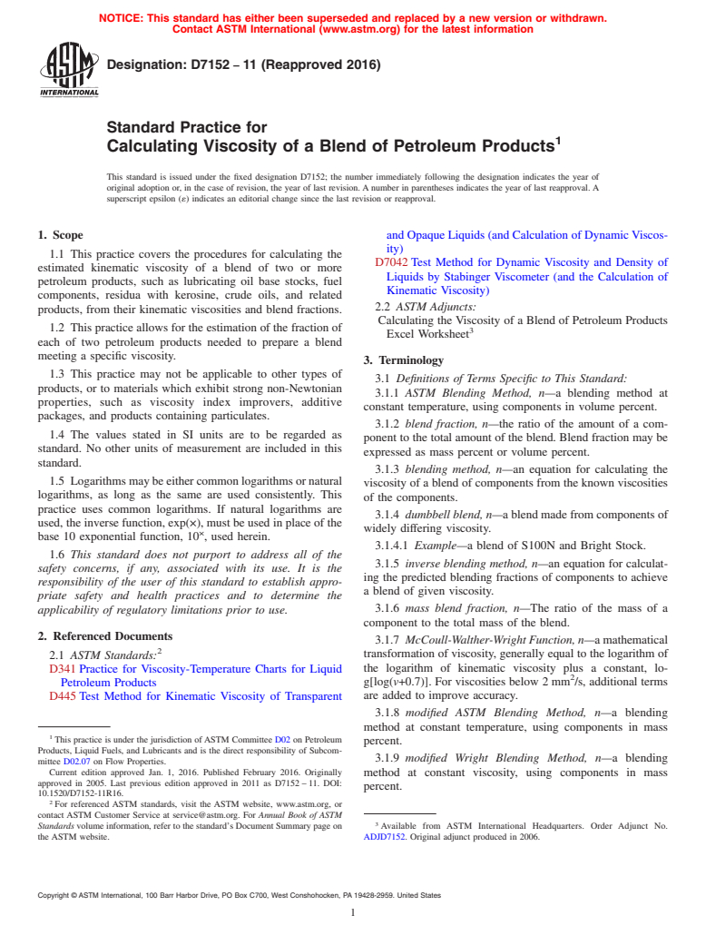 ASTM D7152-11(2016) - Standard Practice for  Calculating Viscosity of a Blend of Petroleum Products