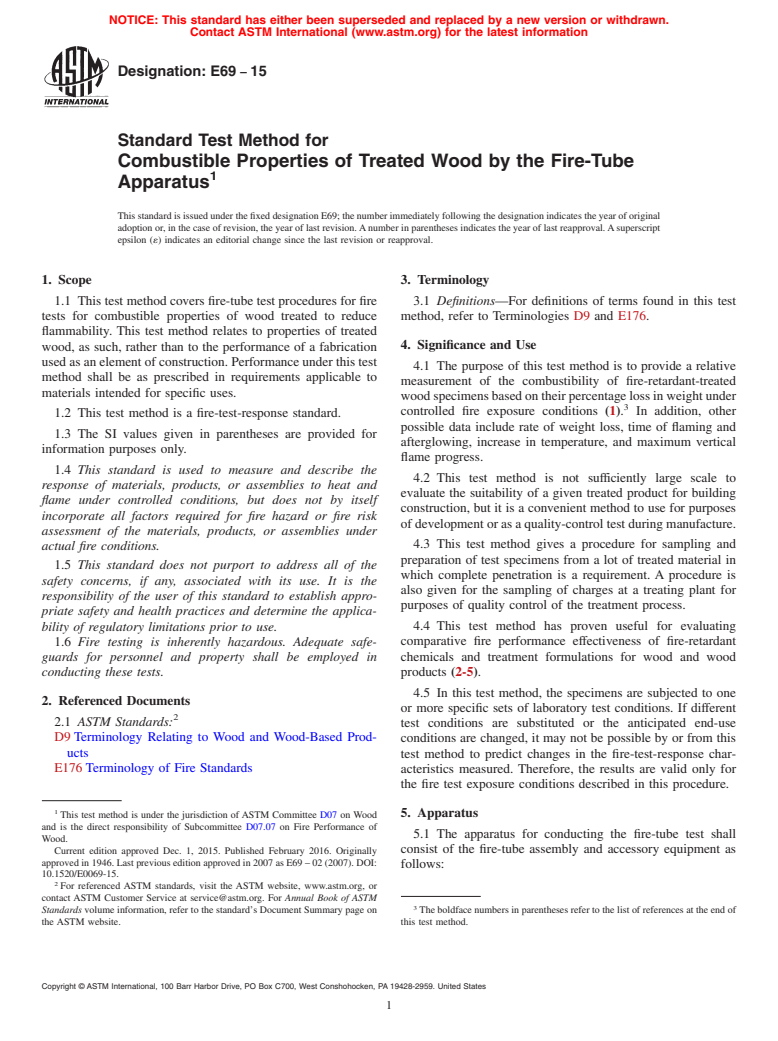 ASTM E69-15 - Standard Test Method for  Combustible Properties of Treated Wood by the Fire-Tube Apparatus