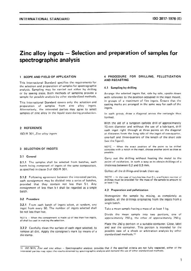ISO 3817:1976 - Zinc alloy ingots -- Selection and preparation of samples for spectrographic analysis