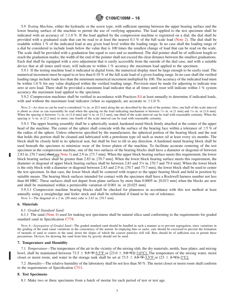 REDLINE ASTM C109/C109M-16 - Standard Test Method for  Compressive Strength of Hydraulic Cement Mortars (Using 2-in.  or [50-mm] Cube Specimens)