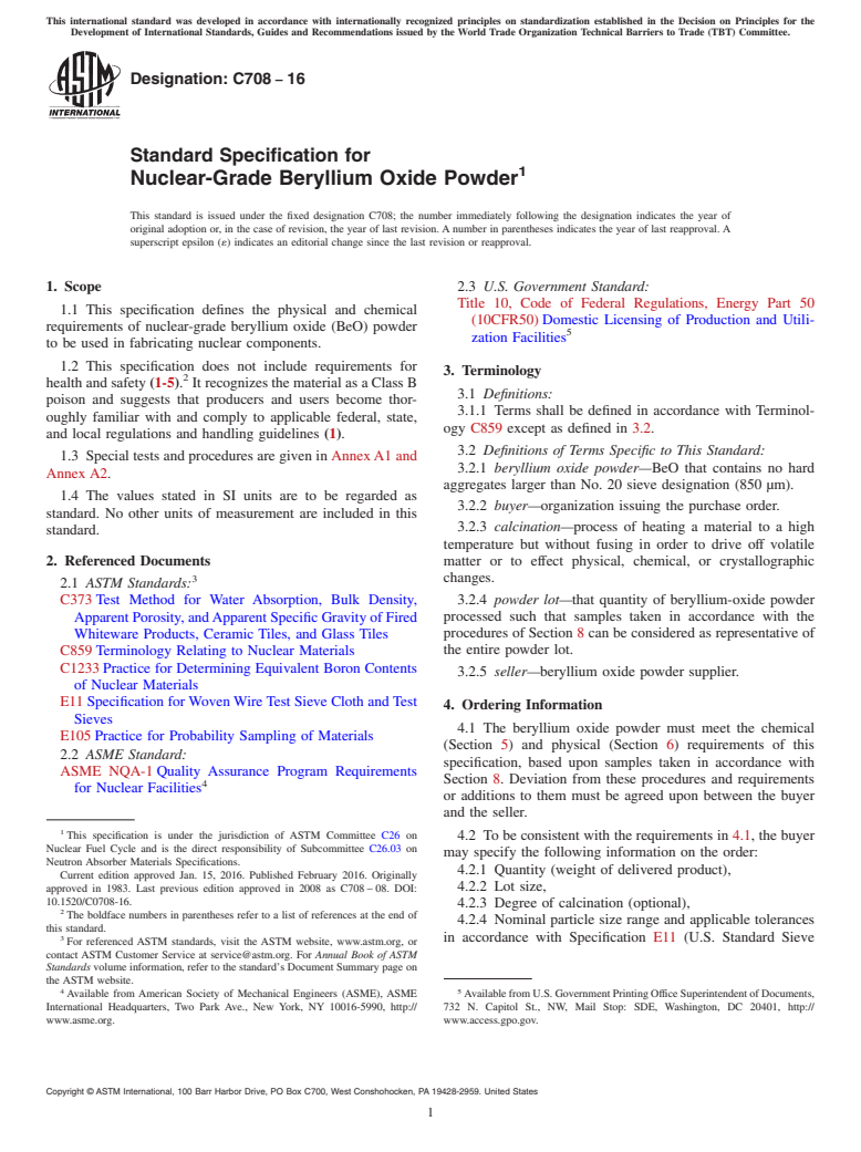 ASTM C708-16 - Standard Specification for  Nuclear-Grade Beryllium Oxide Powder