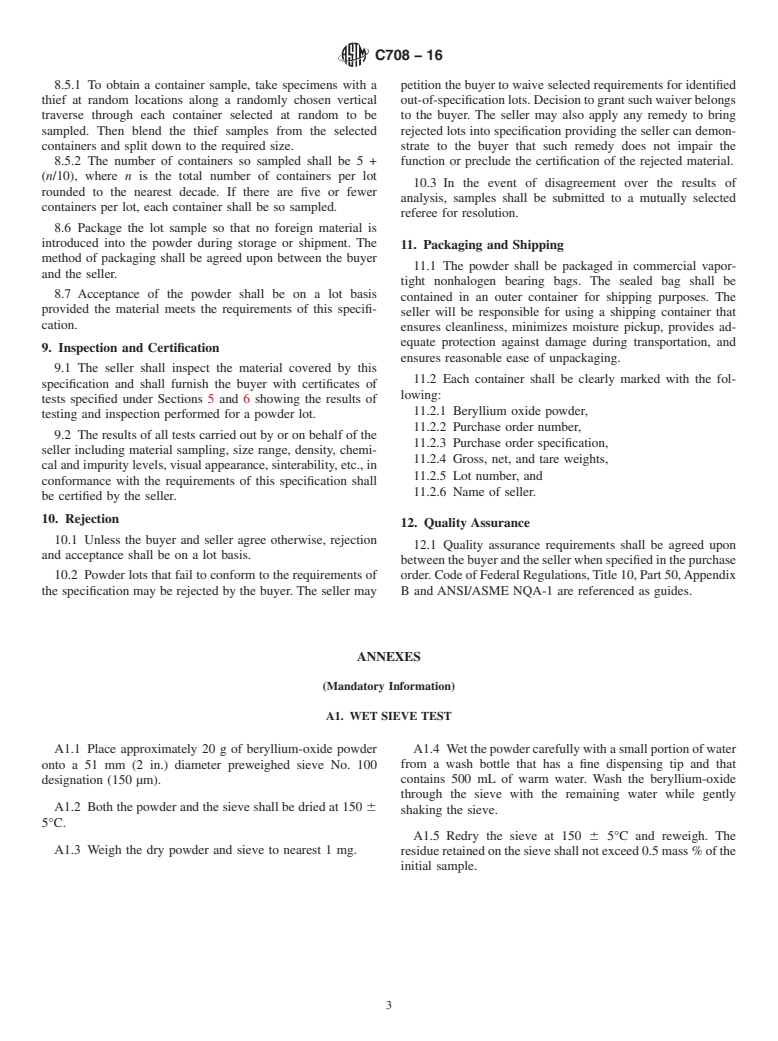 ASTM C708-16 - Standard Specification for  Nuclear-Grade Beryllium Oxide Powder