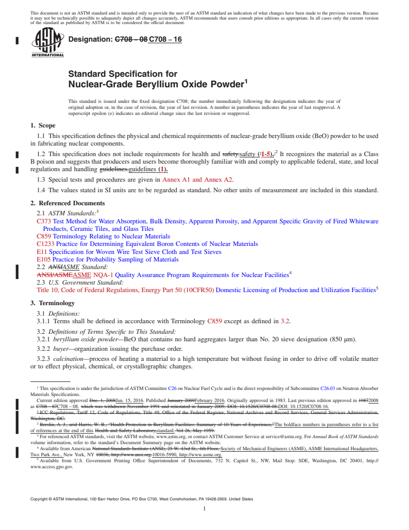 REDLINE ASTM C708-16 - Standard Specification for  Nuclear-Grade Beryllium Oxide Powder