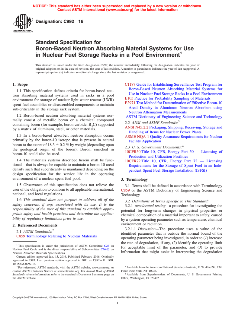 ASTM C992-16 - Standard Specification for  Boron-Based Neutron Absorbing Material Systems for Use in Nuclear  Fuel Storage Racks in a Pool Environment