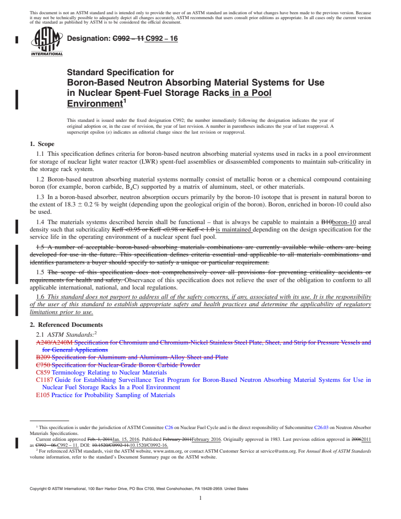 REDLINE ASTM C992-16 - Standard Specification for  Boron-Based Neutron Absorbing Material Systems for Use in Nuclear  Fuel Storage Racks in a Pool Environment