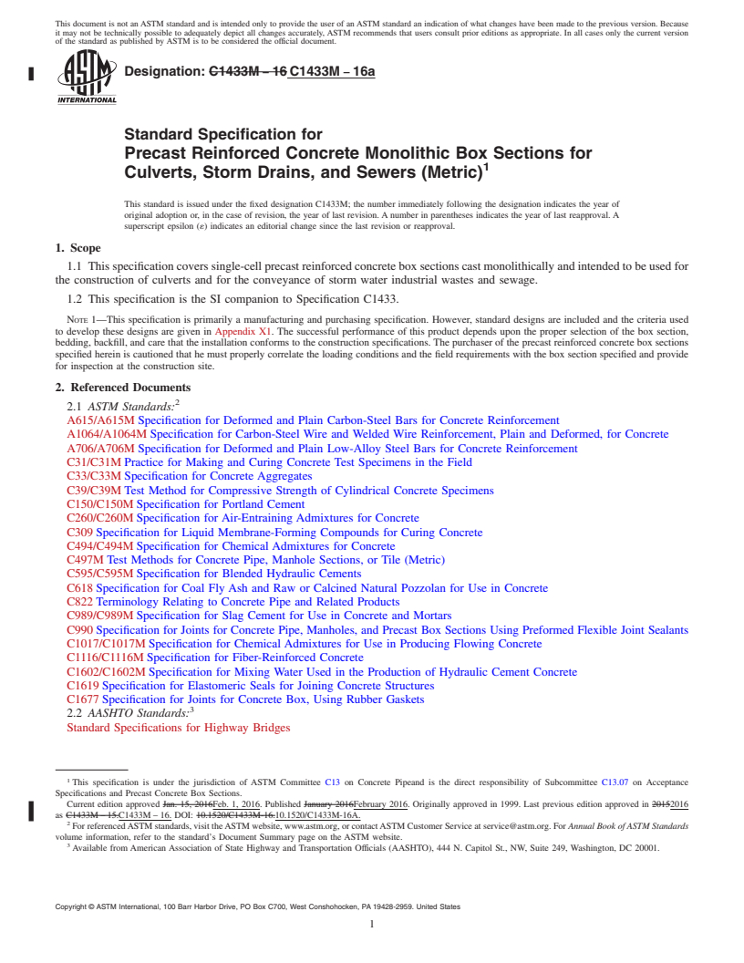 REDLINE ASTM C1433M-16a - Standard Specification for  Precast Reinforced Concrete Monolithic Box Sections for Culverts,  Storm Drains, and Sewers (Metric)