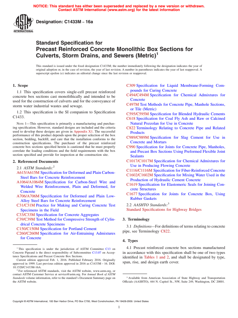 ASTM C1433M-16a - Standard Specification for  Precast Reinforced Concrete Monolithic Box Sections for Culverts,  Storm Drains, and Sewers (Metric)