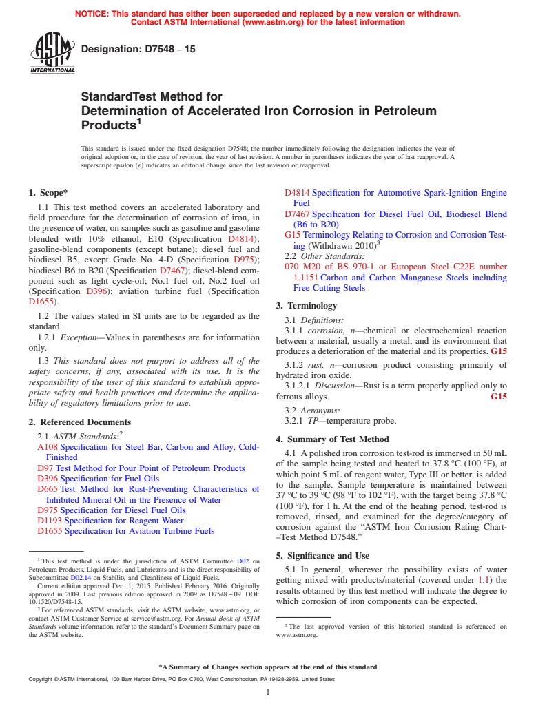 ASTM D7548-15 - Standard Test Method for  Determination of Accelerated Iron Corrosion in Petroleum Products