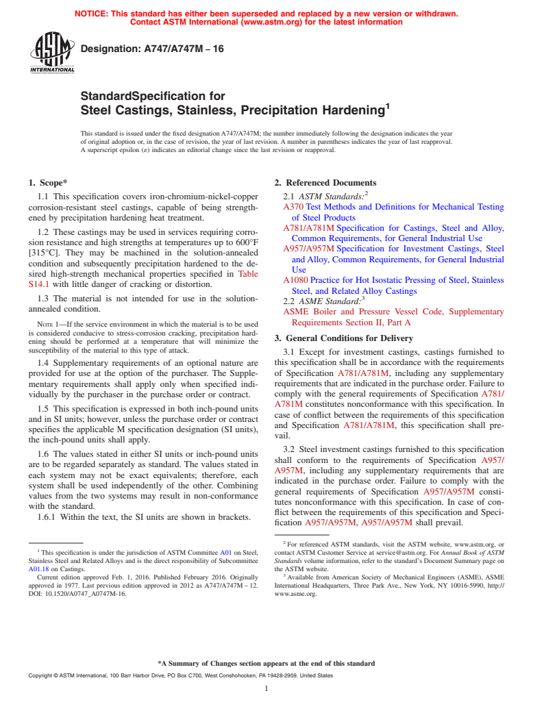 ASTM A747/A747M-16 - Standard Specification for  Steel Castings, Stainless, Precipitation Hardening