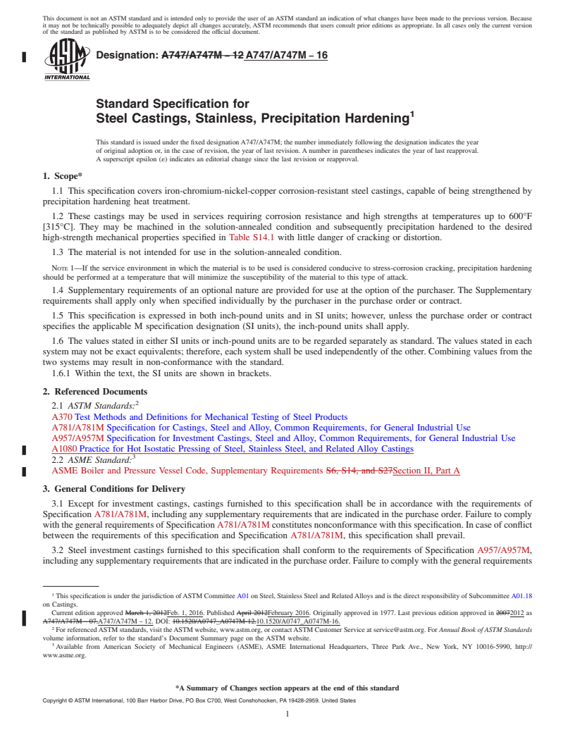 REDLINE ASTM A747/A747M-16 - Standard Specification for  Steel Castings, Stainless, Precipitation Hardening