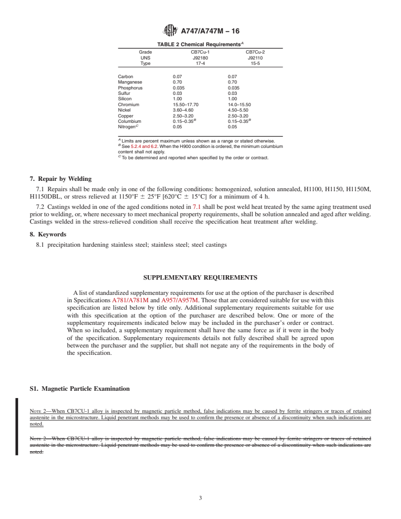 REDLINE ASTM A747/A747M-16 - Standard Specification for  Steel Castings, Stainless, Precipitation Hardening