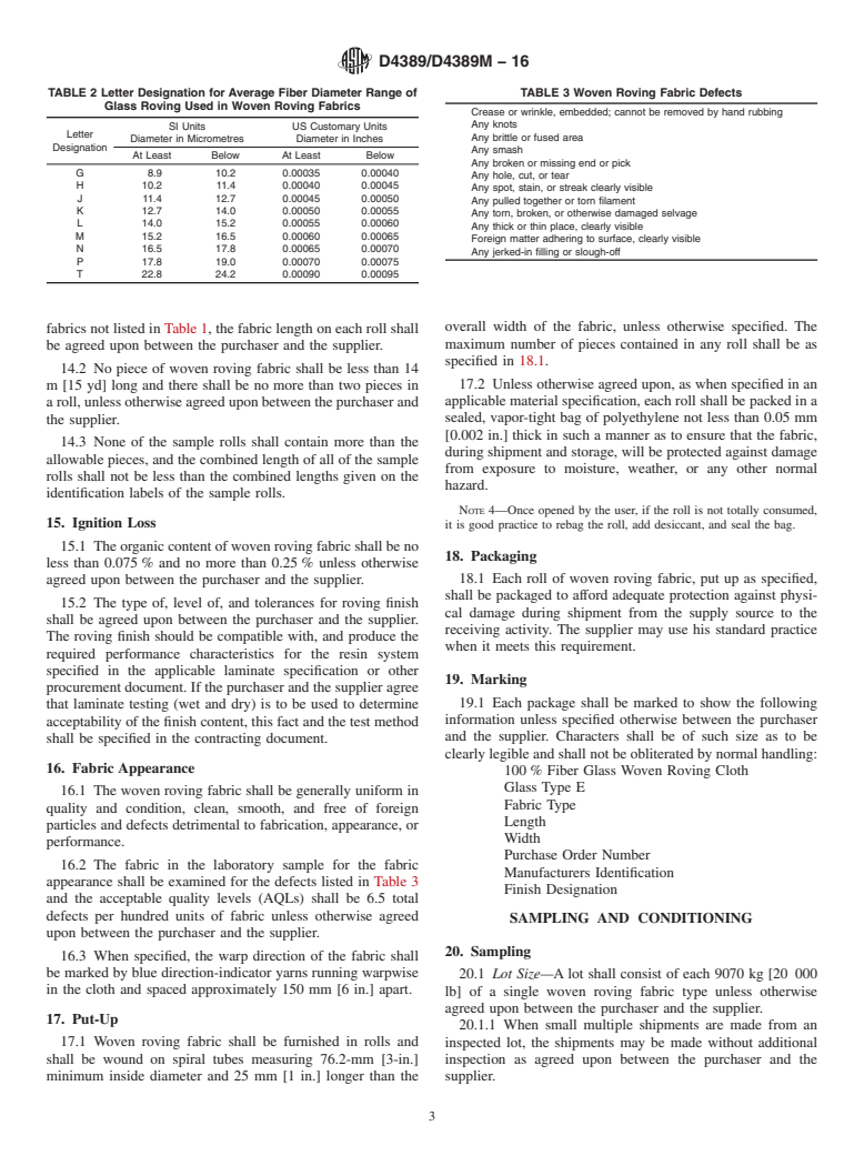 ASTM D4389/D4389M-16 - Standard Specification for  Finished Glass Fabrics Woven From Rovings