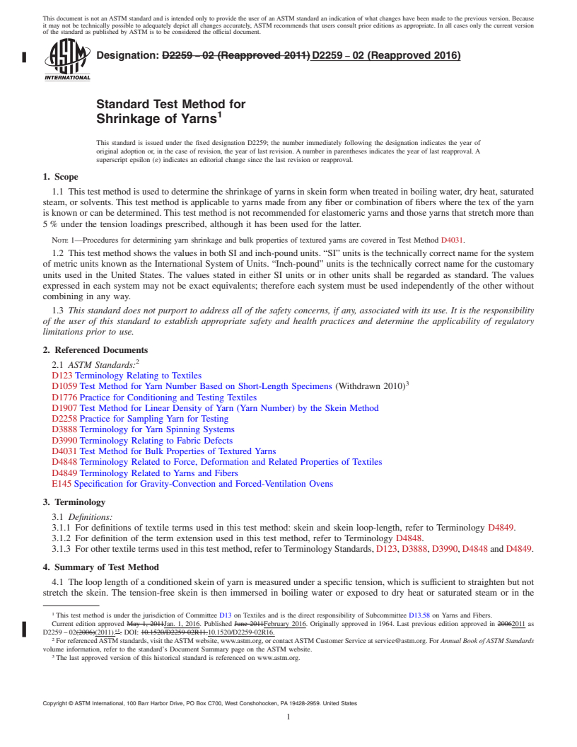 REDLINE ASTM D2259-02(2016) - Standard Test Method for  Shrinkage of Yarns