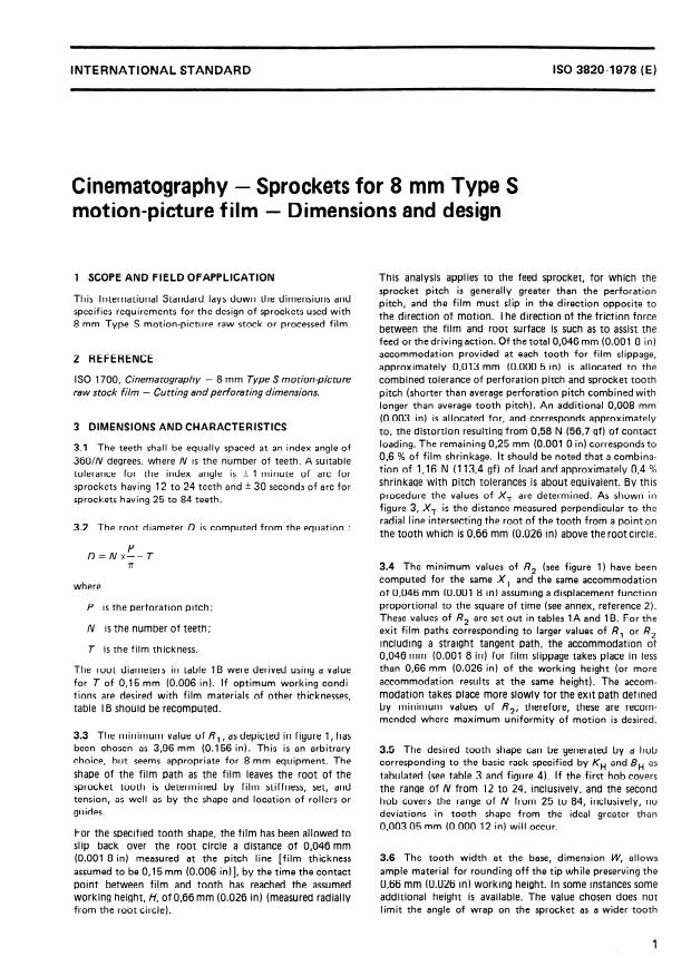 ISO 3820:1978 - Cinematography -- Sprockets for 8 mm Type S motion-picture film -- Dimensions and design
