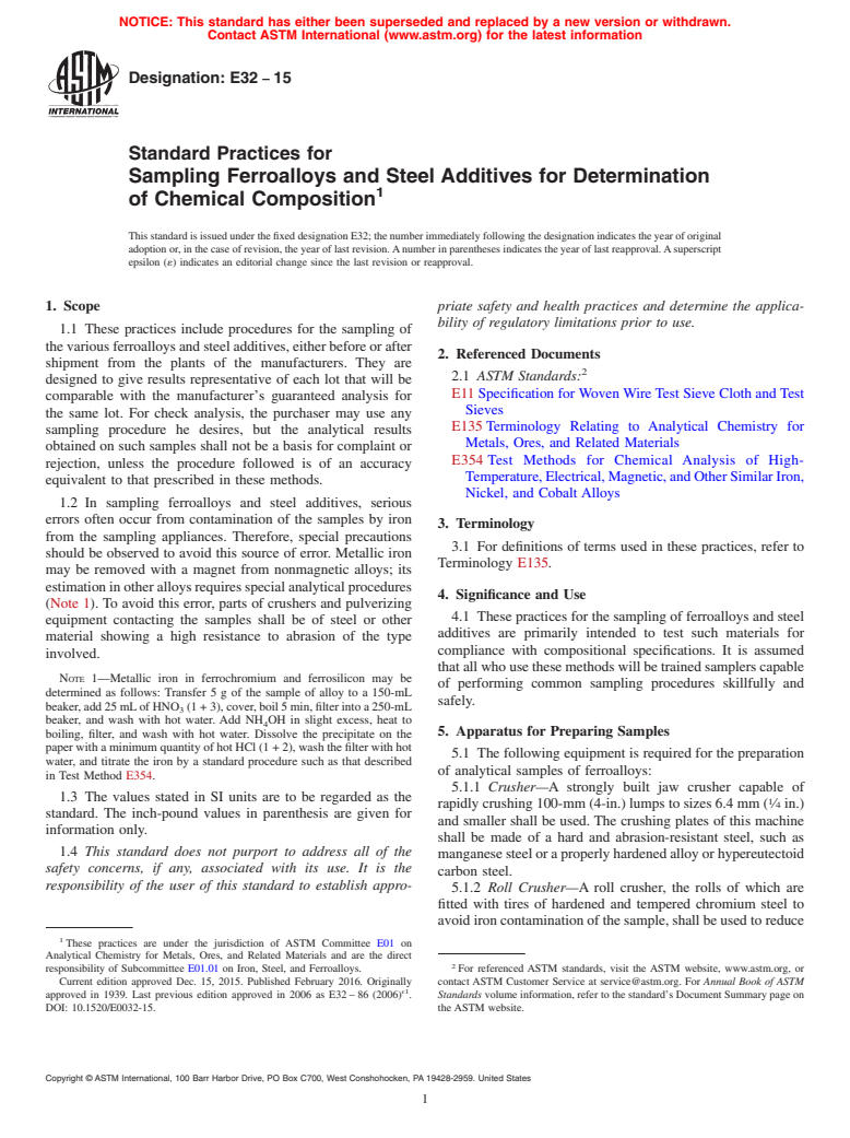ASTM E32-15 - Standard Practices for  Sampling Ferroalloys and Steel Additives for Determination  of Chemical Composition