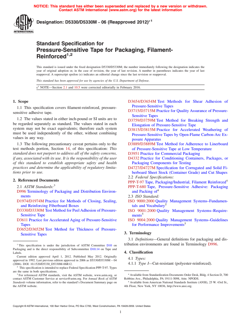 ASTM D5330/D5330M-06(2012)e1 - Standard Specification for  Pressure-Sensitive Tape for Packaging, Filament-Reinforced