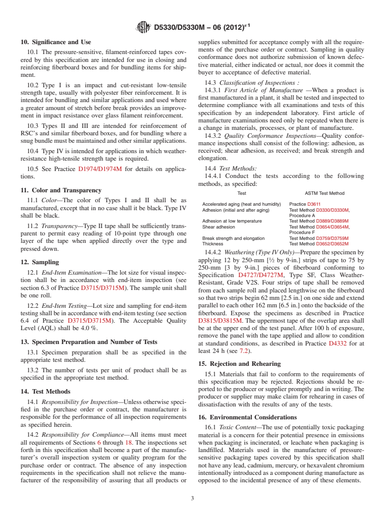 ASTM D5330/D5330M-06(2012)e1 - Standard Specification for  Pressure-Sensitive Tape for Packaging, Filament-Reinforced