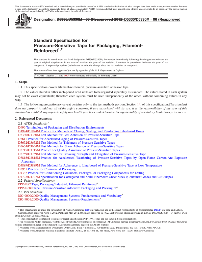 REDLINE ASTM D5330/D5330M-06(2012)e1 - Standard Specification for  Pressure-Sensitive Tape for Packaging, Filament-Reinforced