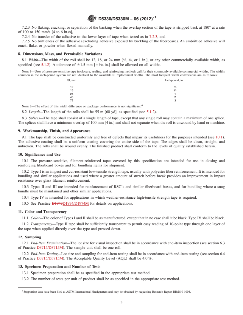 REDLINE ASTM D5330/D5330M-06(2012)e1 - Standard Specification for  Pressure-Sensitive Tape for Packaging, Filament-Reinforced