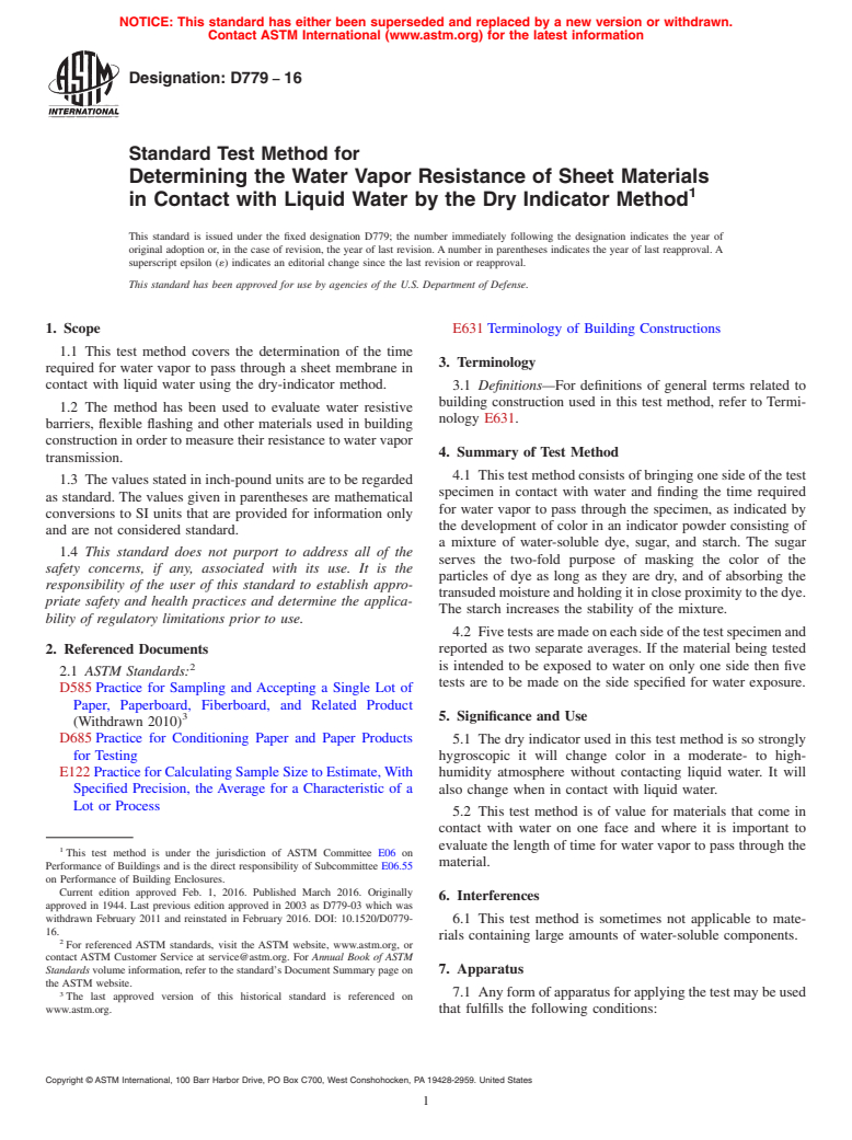 ASTM D779-16 - Standard Test Method for Determining the Water Vapor Resistance of Sheet Materials in  Contact with Liquid Water by the Dry Indicator Method