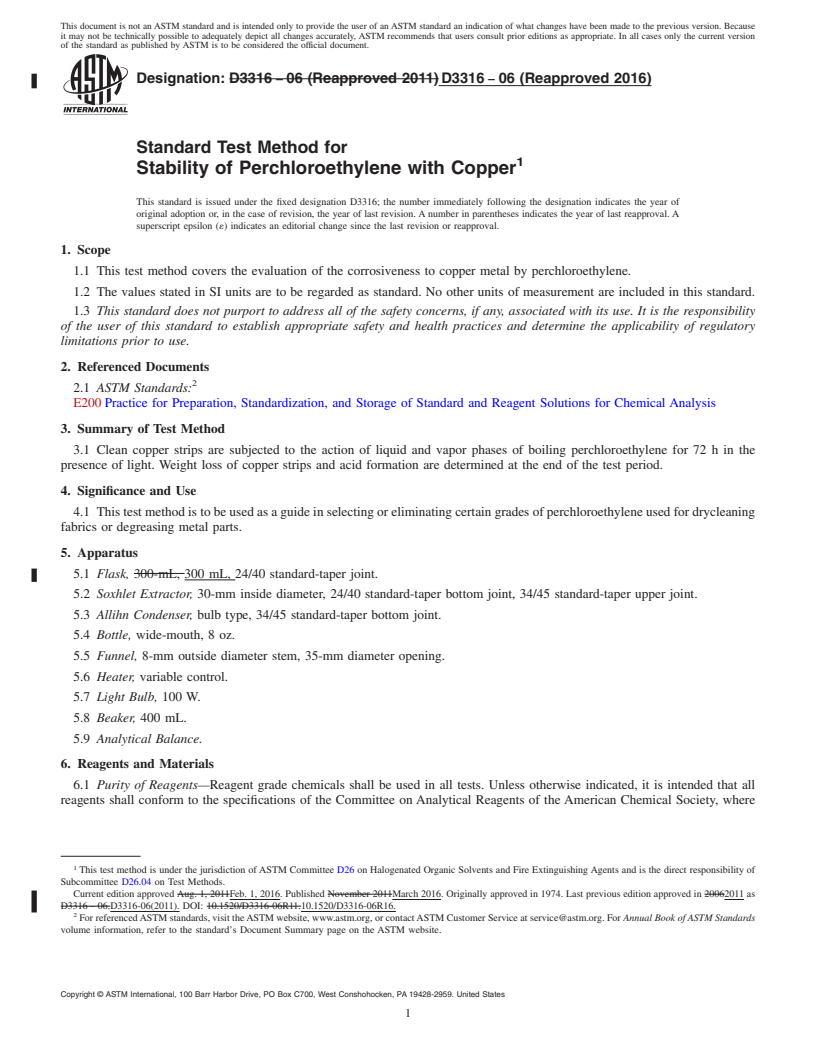 REDLINE ASTM D3316-06(2016) - Standard Test Method for Stability of Perchloroethylene with Copper