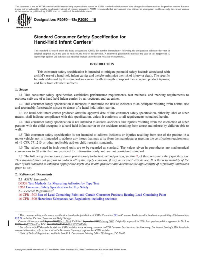 REDLINE ASTM F2050-16 - Standard Consumer Safety Specification for Hand-Held Infant Carriers