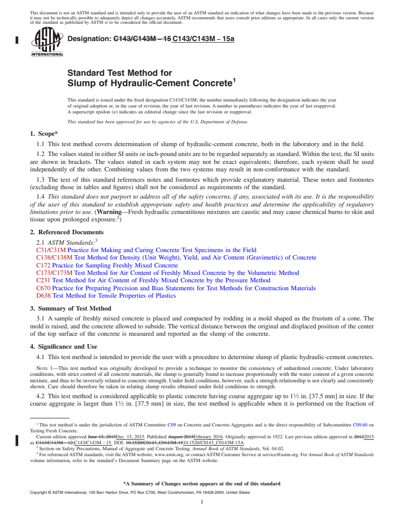 REDLINE ASTM C143/C143M-15a - Standard Test Method for  Slump of Hydraulic-Cement Concrete