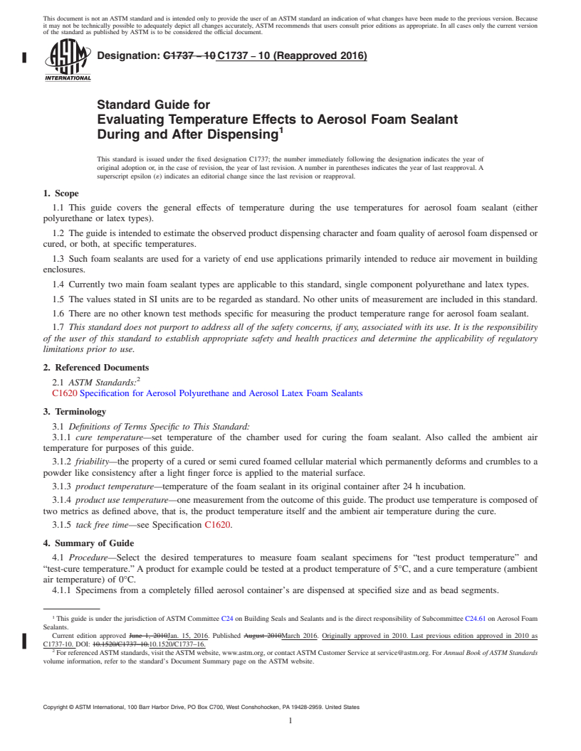 REDLINE ASTM C1737-10(2016) - Standard Guide for  Evaluating Temperature Effects to Aerosol Foam Sealant During  and After Dispensing