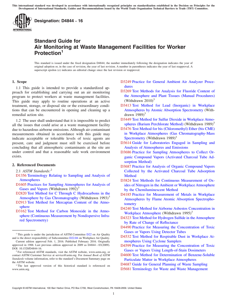 ASTM D4844-16 - Standard Guide for  Air Monitoring at Waste Management Facilities for Worker Protection