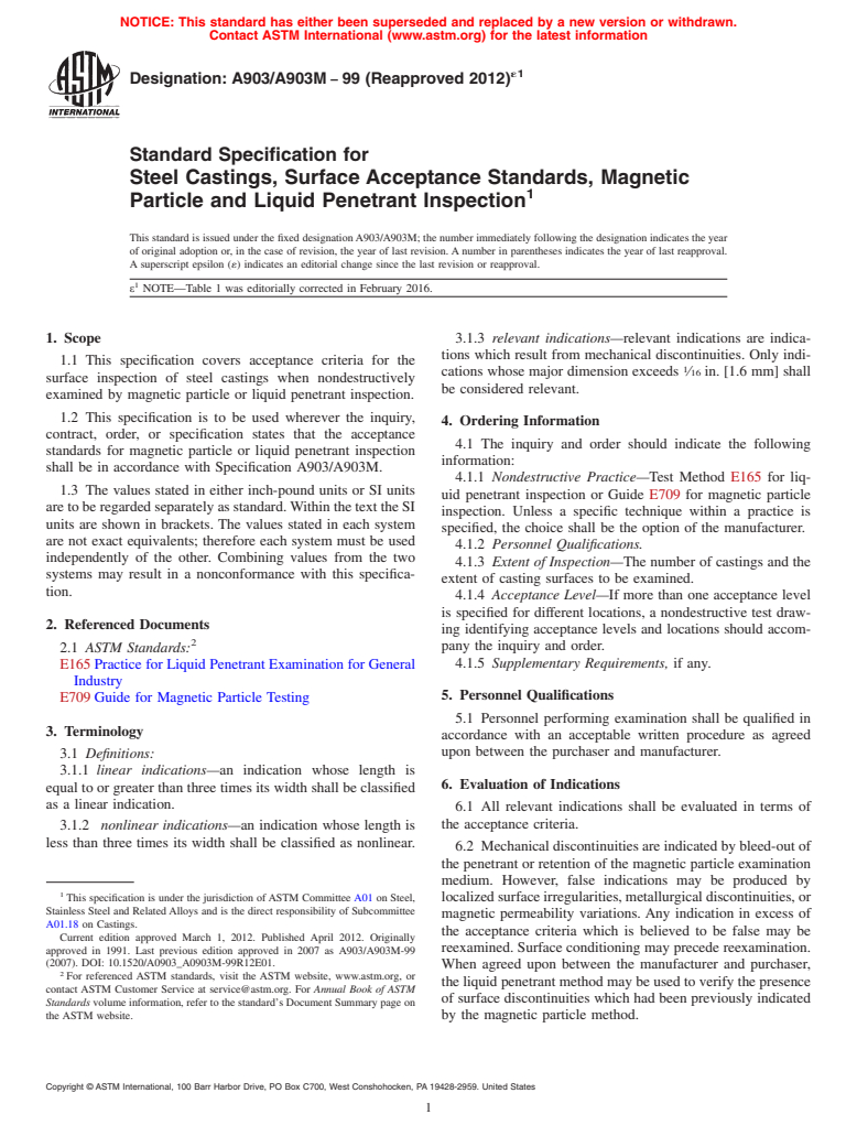 ASTM A903/A903M-99(2012)e1 - Standard Specification for  Steel Castings, Surface Acceptance Standards, Magnetic Particle   and Liquid Penetrant Inspection