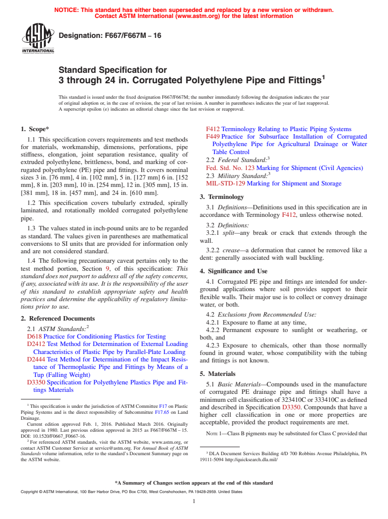 ASTM F667/F667M-16 - Standard Specification for  3 through 24 in. Corrugated Polyethylene Pipe and Fittings