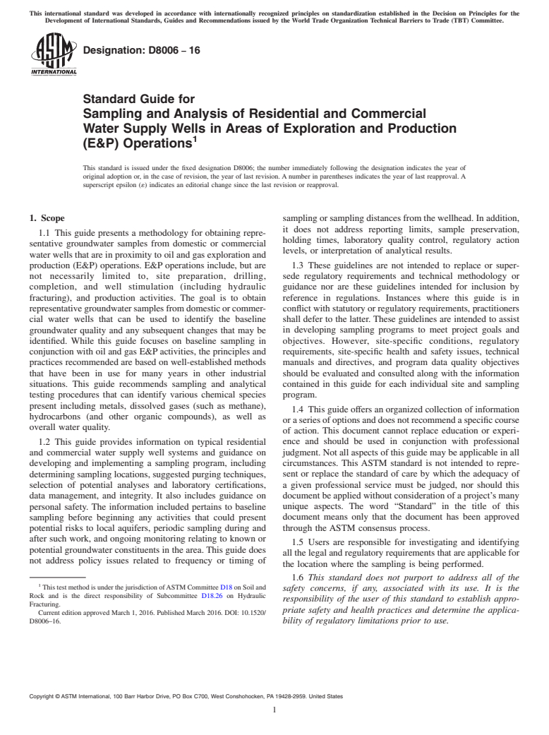 ASTM D8006-16 - Standard Guide for Sampling and Analysis of Residential and Commercial Water Supply  Wells in Areas of Exploration and Production (E&amp;P) Operations