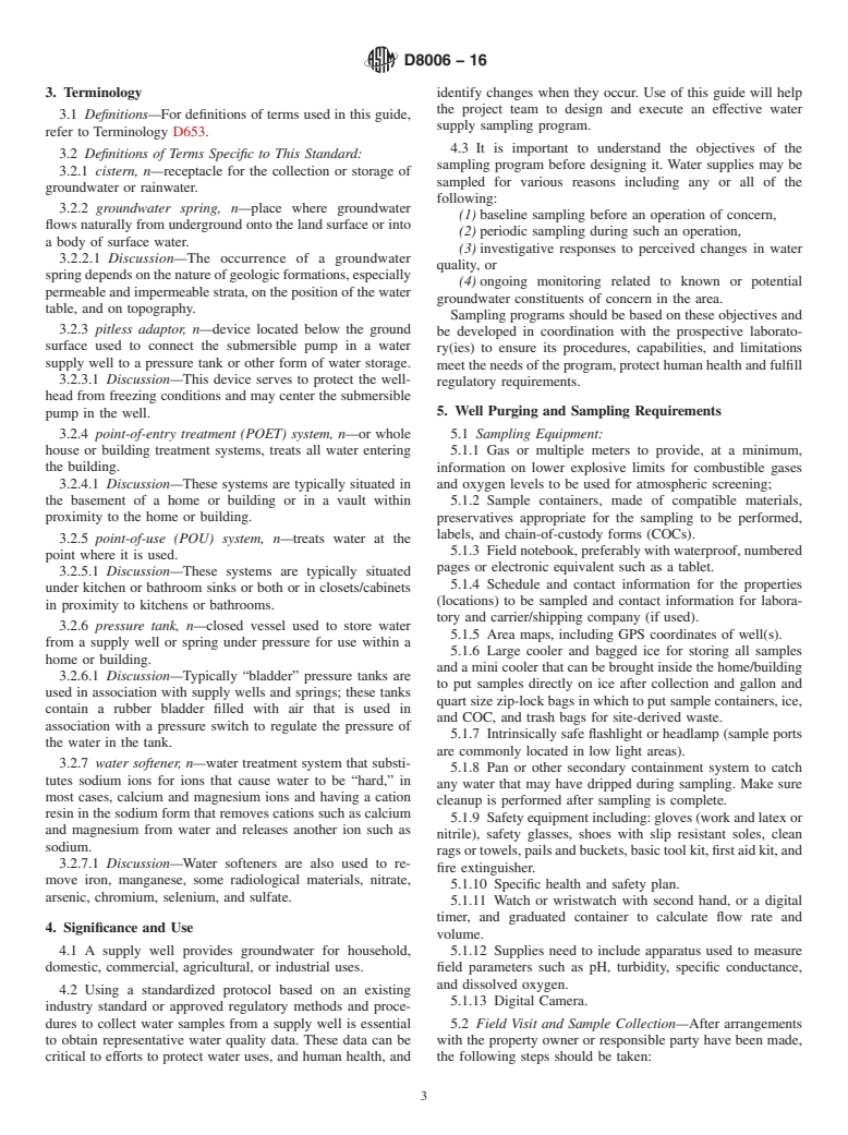 ASTM D8006-16 - Standard Guide for Sampling and Analysis of Residential and Commercial Water Supply  Wells in Areas of Exploration and Production (E&P) Operations