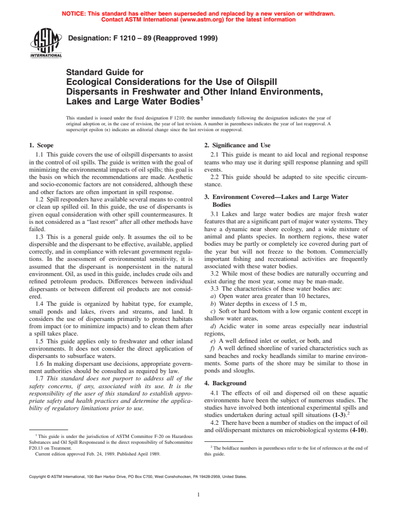 ASTM F1210-89(1999) - Standard Guide for Ecological Considerations for the Use of Oilspill Dispersants in Freshwater and Other Inland Environments, Lakes and Large Water Bodies