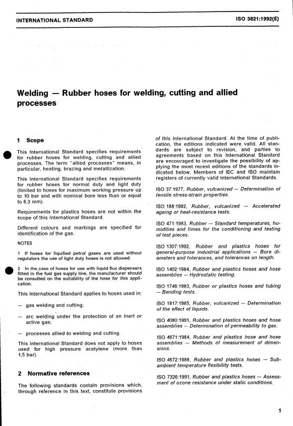 ISO 3821:1992 - Welding -- Rubber hoses for welding, cutting and allied processes