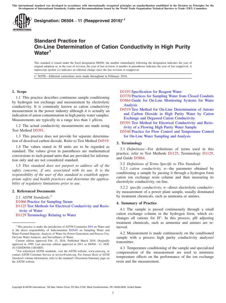 ASTM D6504-11(2016)e1 - Standard Practice for  On-Line Determination of Cation Conductivity in High Purity   Water